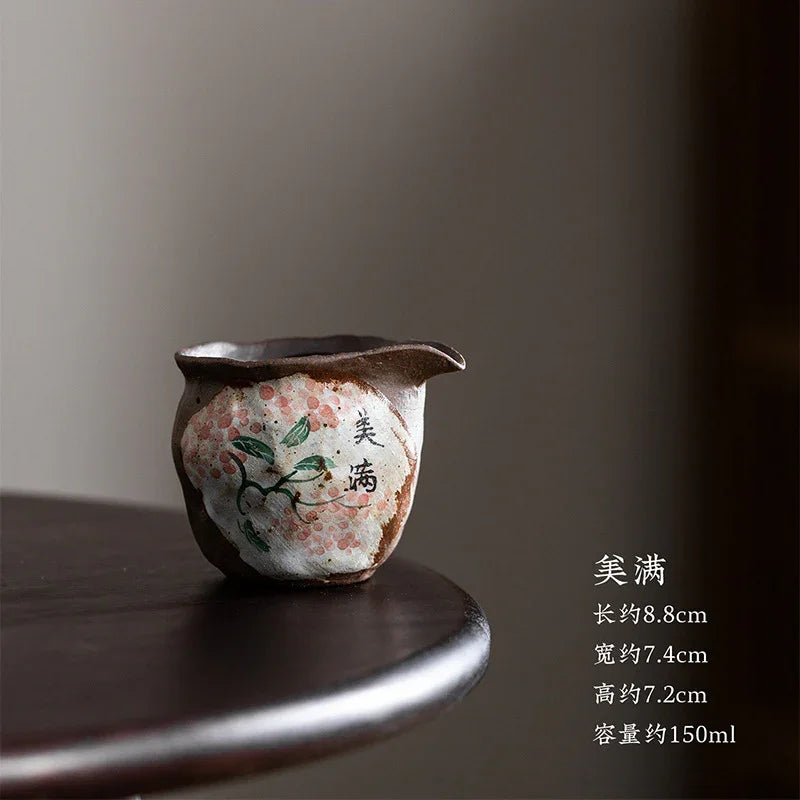 Set Gaiwan / Cawan Teh Seramik Lukisan Tangan Api Kayu [Kebahagiaan]
