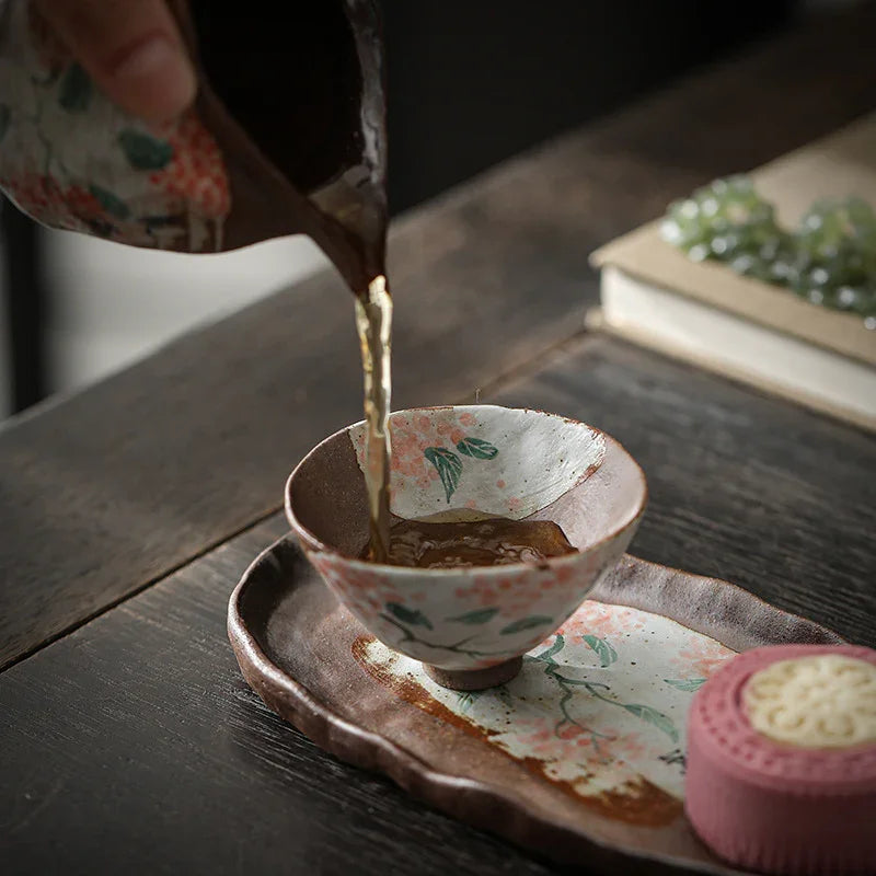 Set Gaiwan / Cawan Teh Seramik Lukisan Tangan Api Kayu [Kebahagiaan]