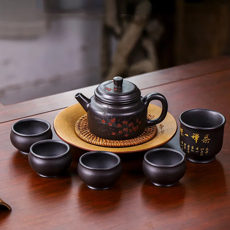 Full Handmade Yixing Zisha Teapot [An Xiang] 1 Pot 5 Cups Set (Shi Huang - 280ml) - YIQIN TEA HOUSE | yiqinteahouse.com | 200-300ml, feaware, full handmade zisha teapot, new arrival, teapot, teaware set