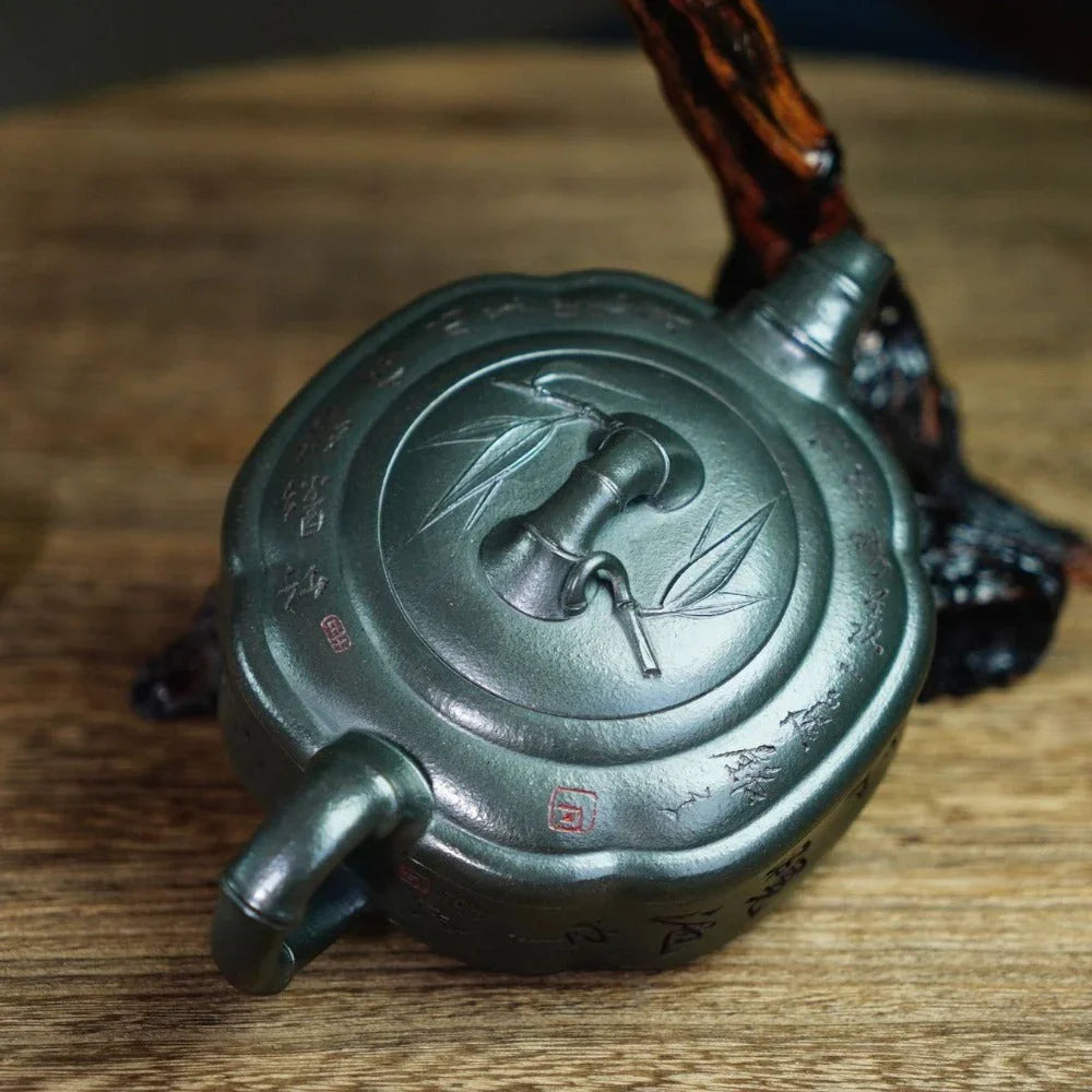Full Handmade Yixing Zisha Teapot [Bamboo Drum Pot] (Long Bei Qing - 330ml) (Rare Clay Type / Last Piece) - YIQIN TEA HOUSE | yiqinteahouse.com | >300ml, full handmade zisha teapot, teapot, teaware