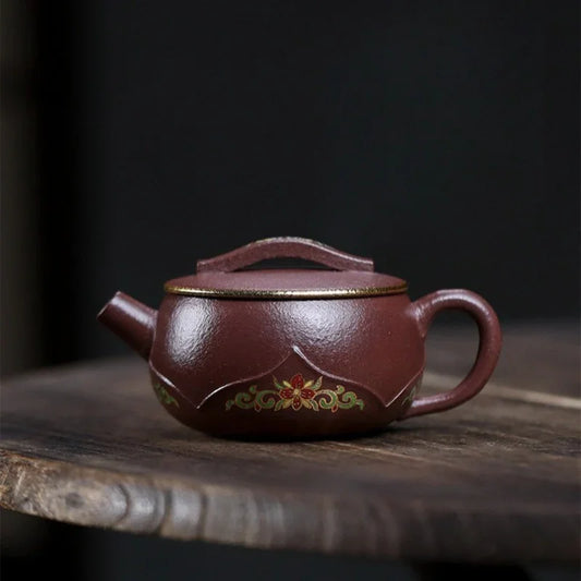 全手工宜兴紫砂茶壶 [竹影莲花] (30目紫泥 - 170ml)