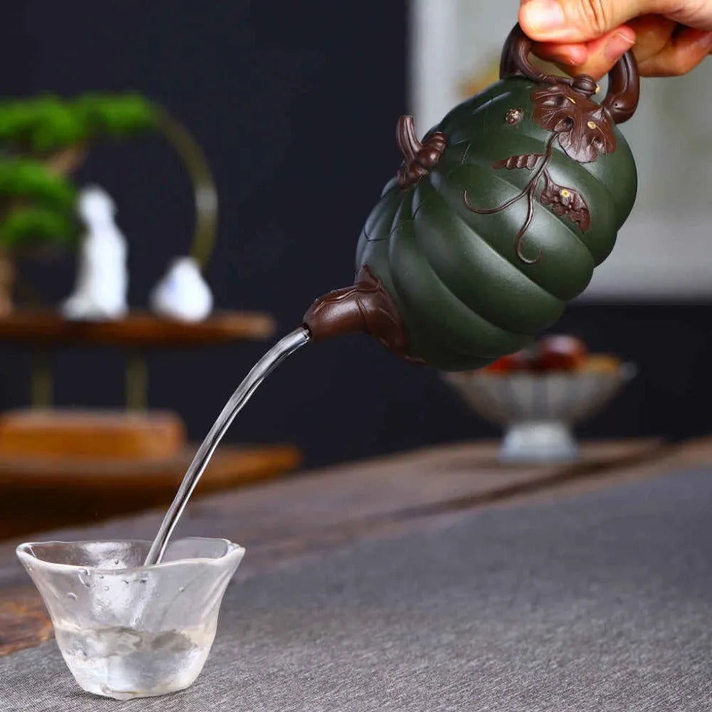 Full Handmade Yixing Zisha Teapot [Bi-color Pumpkin Pot] (Lu Ni/Hong Ni - 380ml) - YIQIN TEA HOUSE | yiqinteahouse.com | >300ml, full handmade zisha teapot, new arrival, teapot, teaware