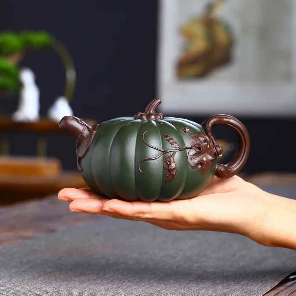 Full Handmade Yixing Zisha Teapot [Bi-color Pumpkin Pot] (Lu Ni/Hong Ni - 380ml) - YIQIN TEA HOUSE | yiqinteahouse.com | >300ml, full handmade zisha teapot, new arrival, teapot, teaware