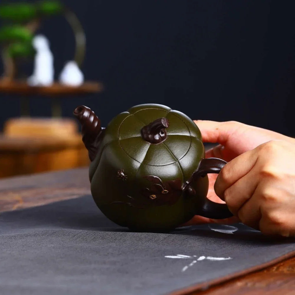 Teko Zisha Yixing Buatan Tangan Sepenuhnya [Periuk Labu Dwi-warna] (Lu Ni/Zi Ni - 350ml)