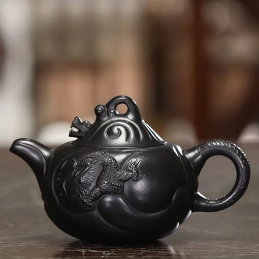 Teko Zisha Yixing Buatan Tangan Sepenuhnya [Carp Dragon Pot] (Hei Ni - 170ml)