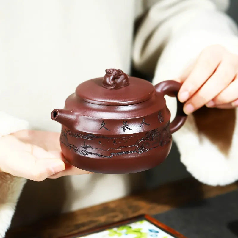 Full Handmade Yixing Zisha Teapot [Denggao Wang Yuan] 1 Pot 2 Cups Set (Lao Zi Ni - 320ml) - YIQIN TEA HOUSE | yiqinteahouse.com | >300ml, full handmade zisha teapot, new arrival, teapot, teaware, teaware set