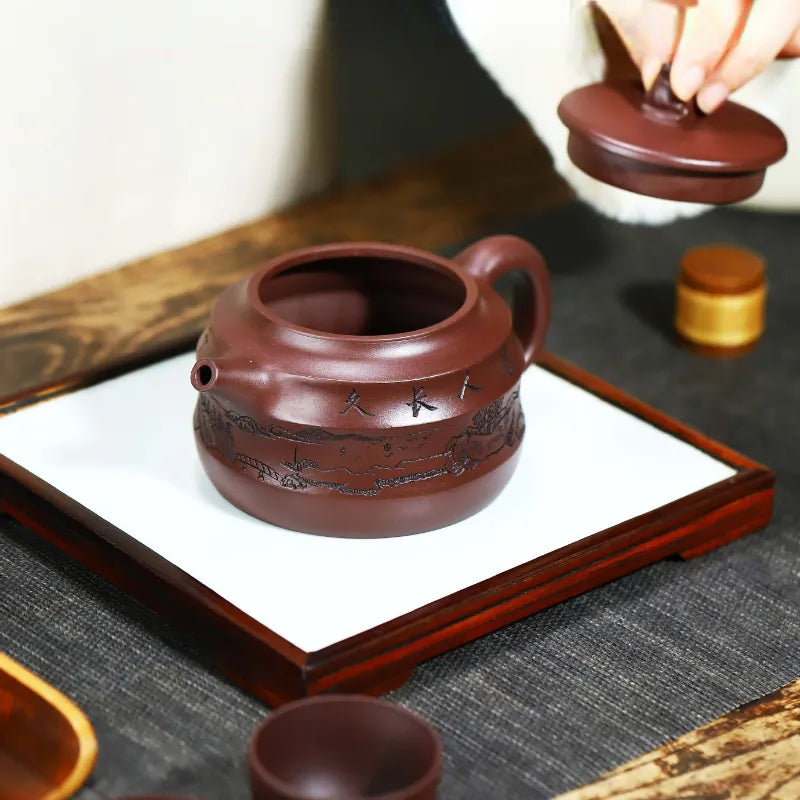 Full Handmade Yixing Zisha Teapot [Denggao Wang Yuan] 1 Pot 2 Cups Set (Lao Zi Ni - 320ml) - YIQIN TEA HOUSE | yiqinteahouse.com | >300ml, full handmade zisha teapot, new arrival, teapot, teaware, teaware set