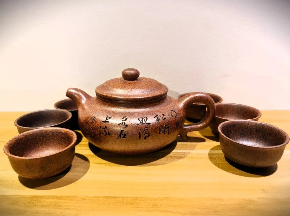 Full Handmade Yixing Zisha Teapot [Fanggu Pot] Full Set (Longgu Jin Sha - 480ml) - YIQIN TEA HOUSE | yiqinteahouse.com | >300ml, full handmade zisha teapot, new arrival, teapot, teaware, teaware set