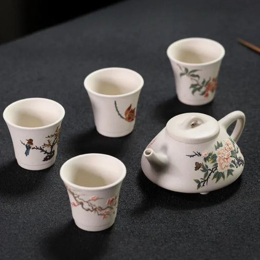 Teko Zisha Yixing Buatan Tangan Sepenuhnya [Koleksi Bunga] Set 1 Teko 4 Cawan (Bei Duan Ni - 245ml)
