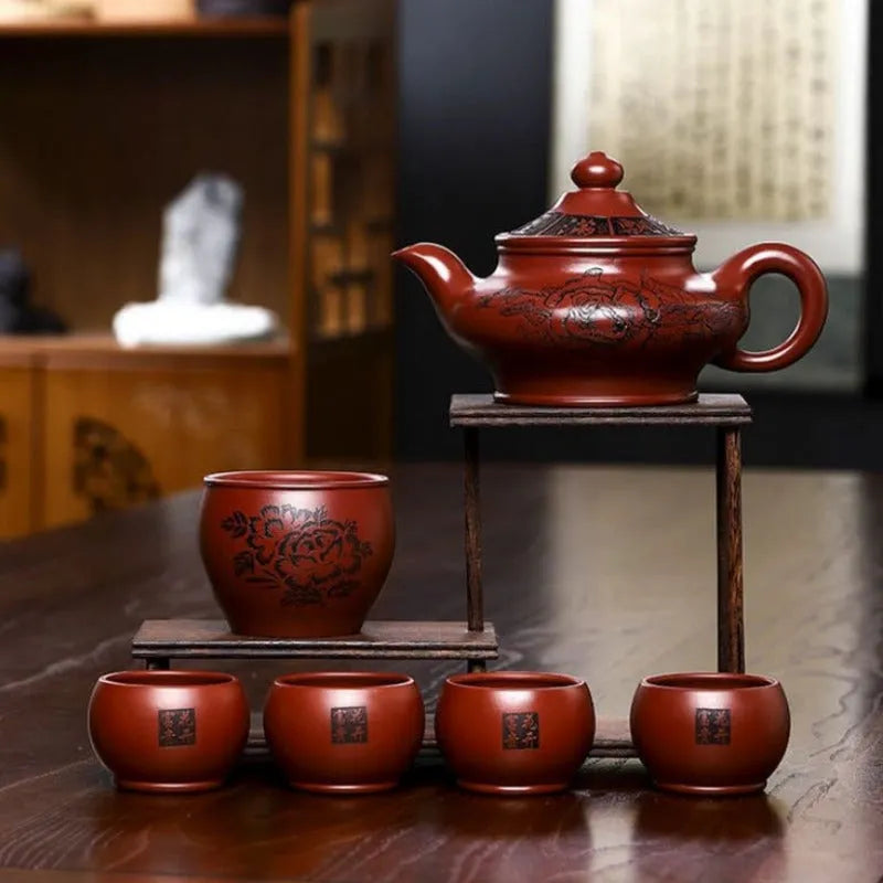 Full Handmade Yixing Zisha Teapot [Hua Kai Fugui] 1 Pot 5 Cups Set (Long Xue Sha - 380ml) - YIQIN TEA HOUSE | yiqinteahouse.com | >300ml, full handmade zisha teapot, new arrival, teapot, teaware, teaware set