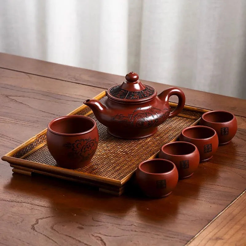 Full Handmade Yixing Zisha Teapot [Hua Kai Fugui] 1 Pot 5 Cups Set (Long Xue Sha - 380ml) - YIQIN TEA HOUSE | yiqinteahouse.com | >300ml, full handmade zisha teapot, new arrival, teapot, teaware, teaware set