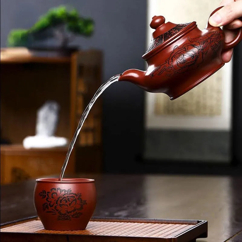 Full Handmade Yixing Zisha Teapot [Hua Kai Fugui] 1 Pot 5 Cups Set (Long Xue Sha - 380ml) - YIQIN TEA HOUSE | yiqinteahouse.com | >300ml, full handmade zisha teapot, new arrival, teapot, teaware, teaware set