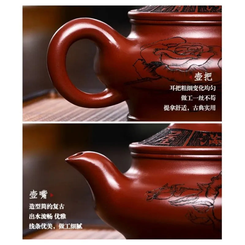 Full Handmade Yixing Zisha Teapot [Hua Kai Fugui] 1 Pot 5 Cups Set (Long Xue Sha - 380ml) - YIQIN TEA HOUSE | yiqinteahouse.com | >300ml, full handmade zisha teapot, new arrival, teapot, teaware, teaware set