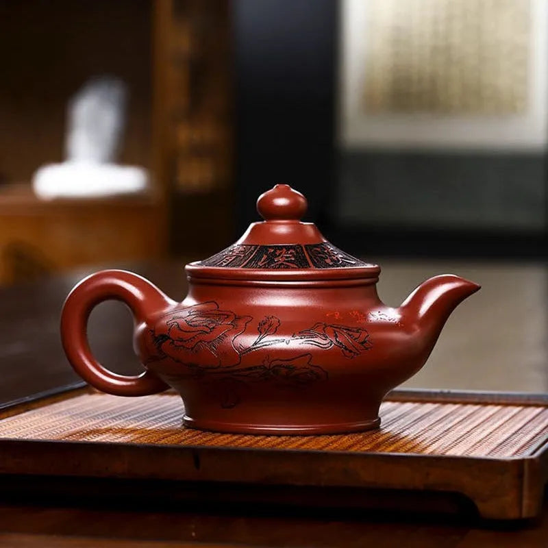 Full Handmade Yixing Zisha Teapot [Hua Kai Fugui] 1 Pot 5 Cups Set (Long Xue Sha - 380ml) - YIQIN TEA HOUSE | yiqinteahouse.com | >300ml, full handmade zisha teapot, new arrival, teapot, teaware, teaware set