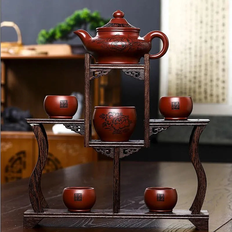 Full Handmade Yixing Zisha Teapot [Hua Kai Fugui] 1 Pot 5 Cups Set (Long Xue Sha - 380ml) - YIQIN TEA HOUSE | yiqinteahouse.com | >300ml, full handmade zisha teapot, new arrival, teapot, teaware, teaware set