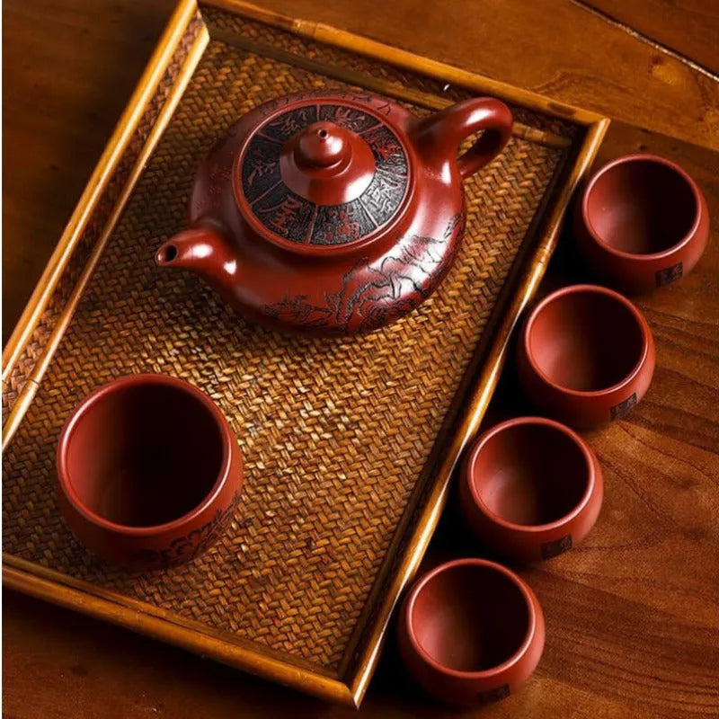 Full Handmade Yixing Zisha Teapot [Hua Kai Fugui] 1 Pot 5 Cups Set (Long Xue Sha - 380ml) - YIQIN TEA HOUSE | yiqinteahouse.com | >300ml, full handmade zisha teapot, new arrival, teapot, teaware, teaware set