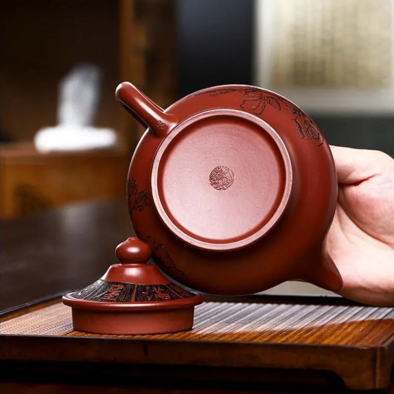 Full Handmade Yixing Zisha Teapot [Hua Kai Fugui] 1 Pot 5 Cups Set (Long Xue Sha - 380ml) - YIQIN TEA HOUSE | yiqinteahouse.com | >300ml, full handmade zisha teapot, new arrival, teapot, teaware, teaware set