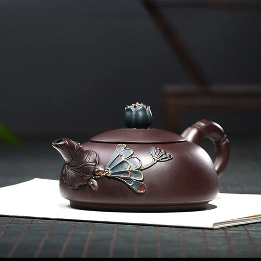 Full Handmade Yixing Zisha Teapot [Lotus Half Moon Pot] Embossed Art (Lao Zi Ni - 360ml) - YIQIN TEA HOUSE | yiqinteahouse.com | >300ml, full handmade zisha teapot, new arrival, teapot, teaware