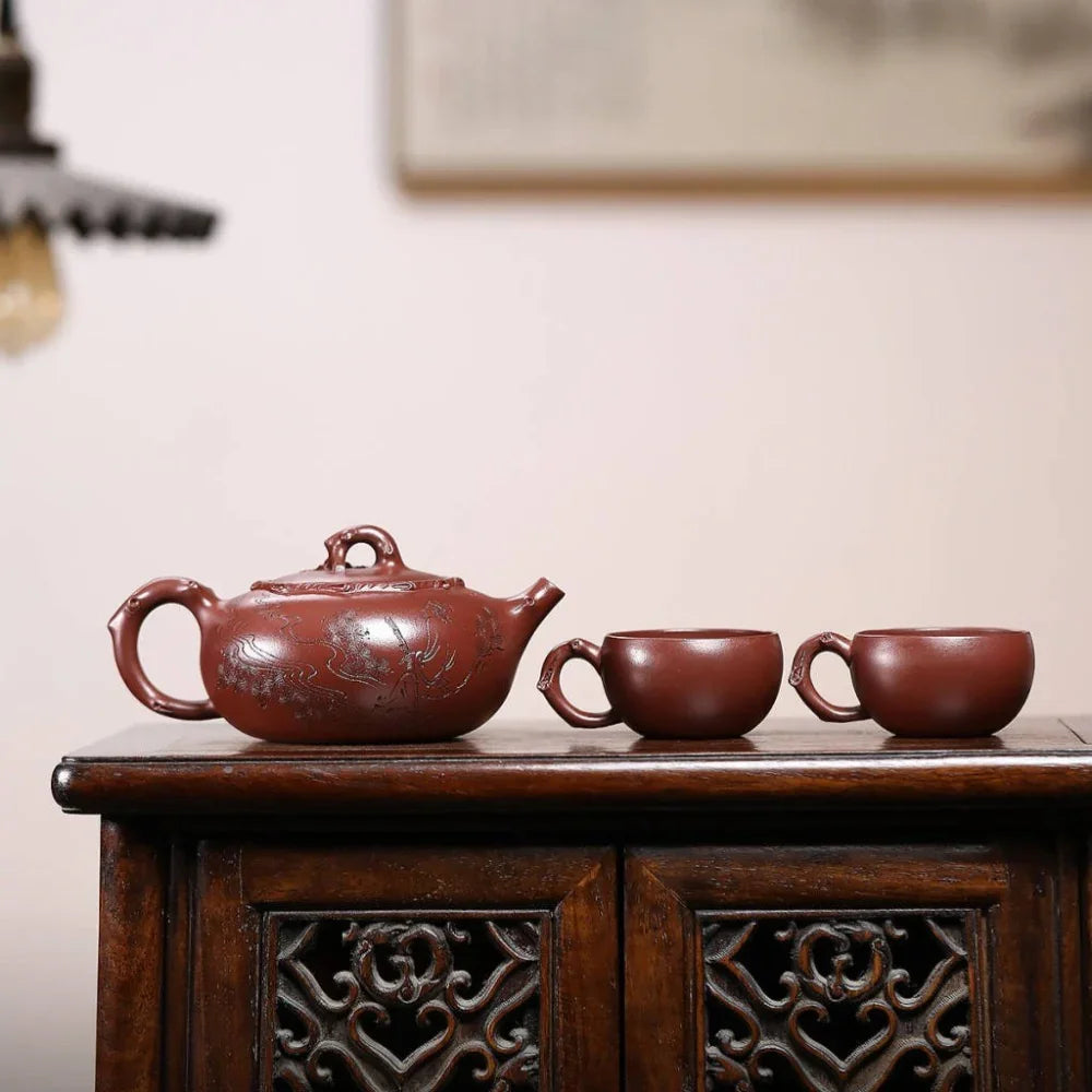 Full Handmade Yixing Zisha Teapot Set [Guan Yun Ting Tao] (Di Cao Qing - 300ml)