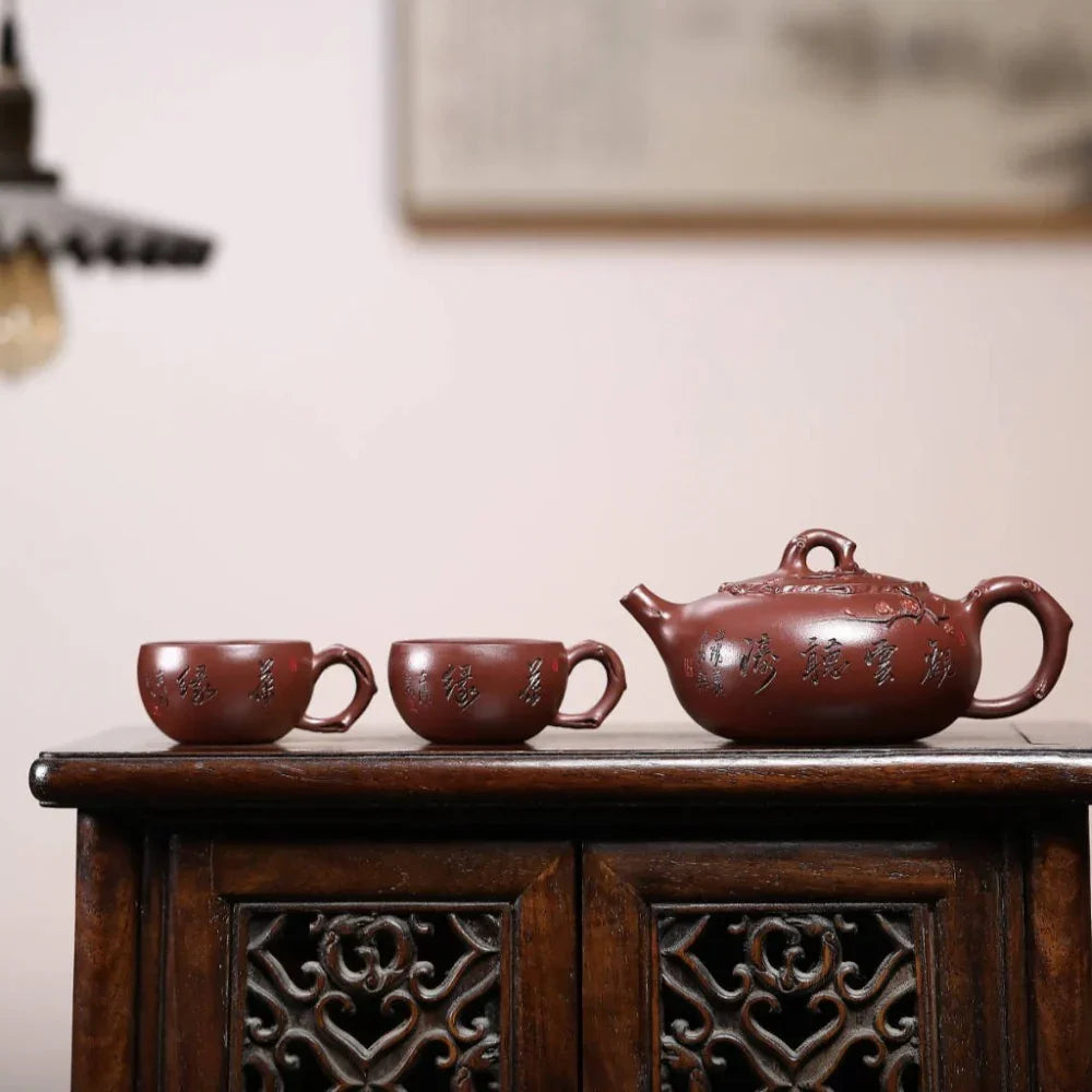 Full Handmade Yixing Zisha Teapot Set [Guan Yun Ting Tao] (Di Cao Qing - 300ml)