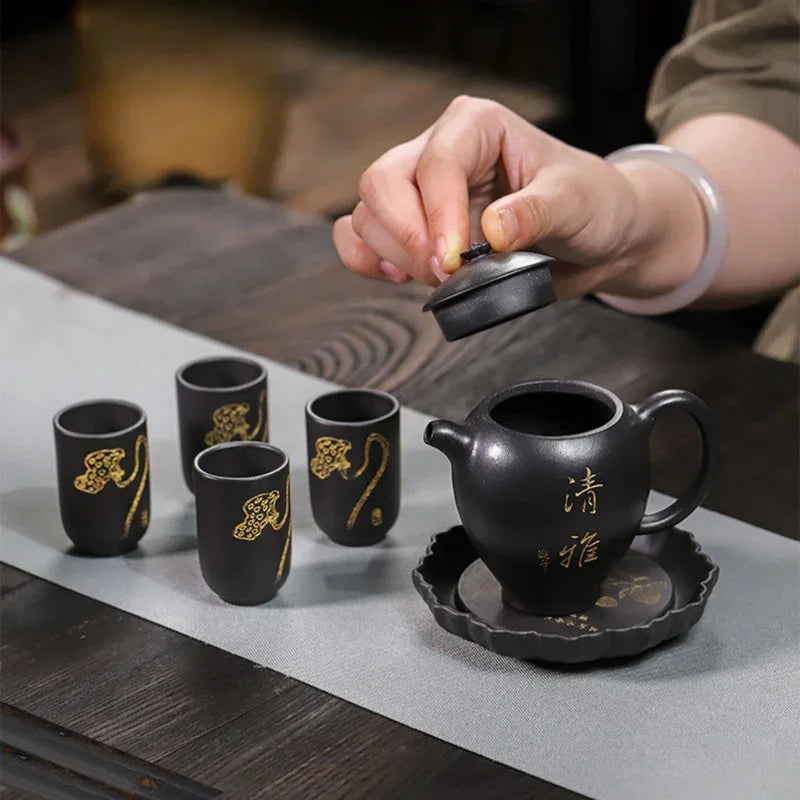 Full Handmade Yixing Zisha Teapot [Wen Xiang] 1 Pot 4 Cups with Tea Tray Set (Shi Huang - 150ml) - YIQIN TEA HOUSE | yiqinteahouse.com | <200ml, full handmade zisha teapot, teapot, teaware, teaware set