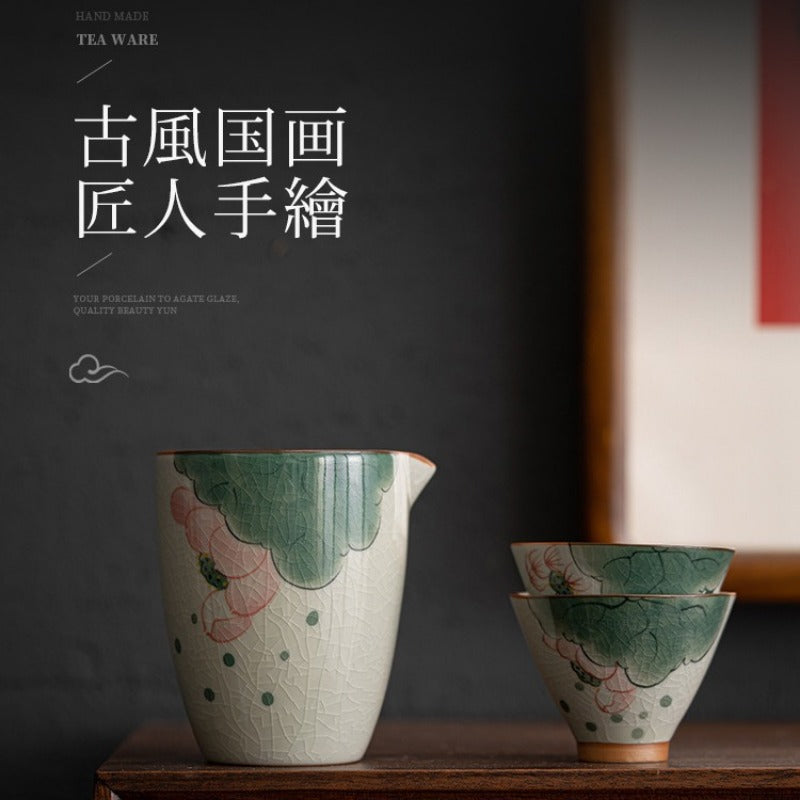 Ge Kiln Hand-painted Ice Crackle Ceramic [Lotus] Fair Cup / Strainer - YIQIN TEA HOUSE | yiqinteahouse.com | fair cup, lotus, strainer, teaware