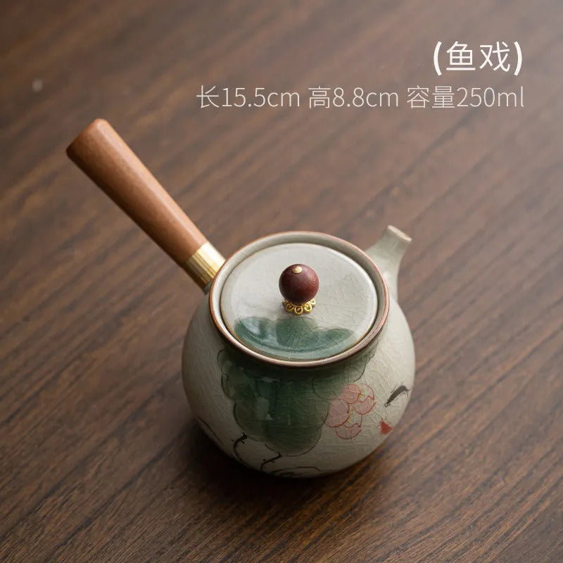 Ge Kiln Hand-painted Ice Crackle Ceramic [Lotus] Side Handle Teapot 250ml - YIQIN TEA HOUSE | yiqinteahouse.com | ceramic teapot, lotus, teapot, teaware