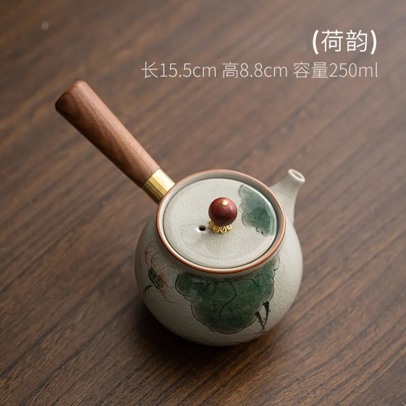 Ge Kiln Hand-painted Ice Crackle Ceramic [Lotus] Side Handle Teapot 250ml - YIQIN TEA HOUSE | yiqinteahouse.com | ceramic teapot, lotus, teapot, teaware