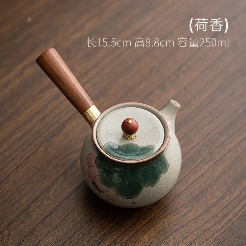 Ge Kiln Hand-painted Ice Crackle Ceramic [Lotus] Side Handle Teapot 250ml - YIQIN TEA HOUSE | yiqinteahouse.com | ceramic teapot, lotus, teapot, teaware