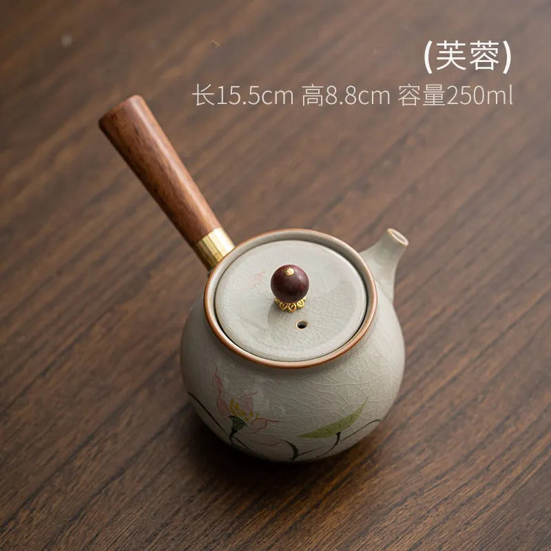 Ge Kiln Hand-painted Ice Crackle Ceramic [Lotus] Side Handle Teapot 250ml - YIQIN TEA HOUSE | yiqinteahouse.com | ceramic teapot, lotus, teapot, teaware