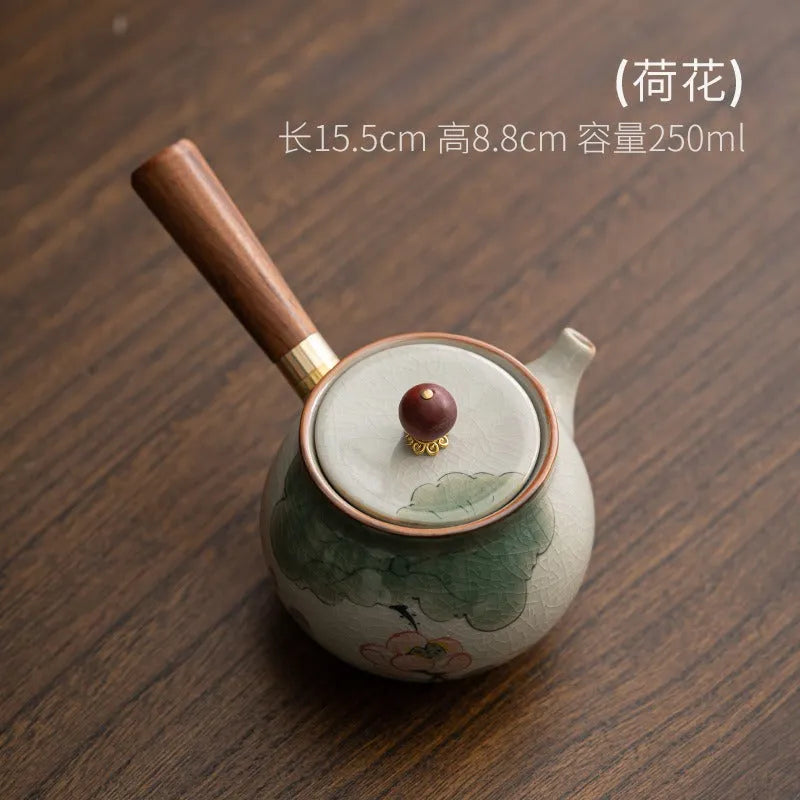 Ge Kiln Hand-painted Ice Crackle Ceramic [Lotus] Side Handle Teapot 250ml - YIQIN TEA HOUSE | yiqinteahouse.com | ceramic teapot, lotus, teapot, teaware