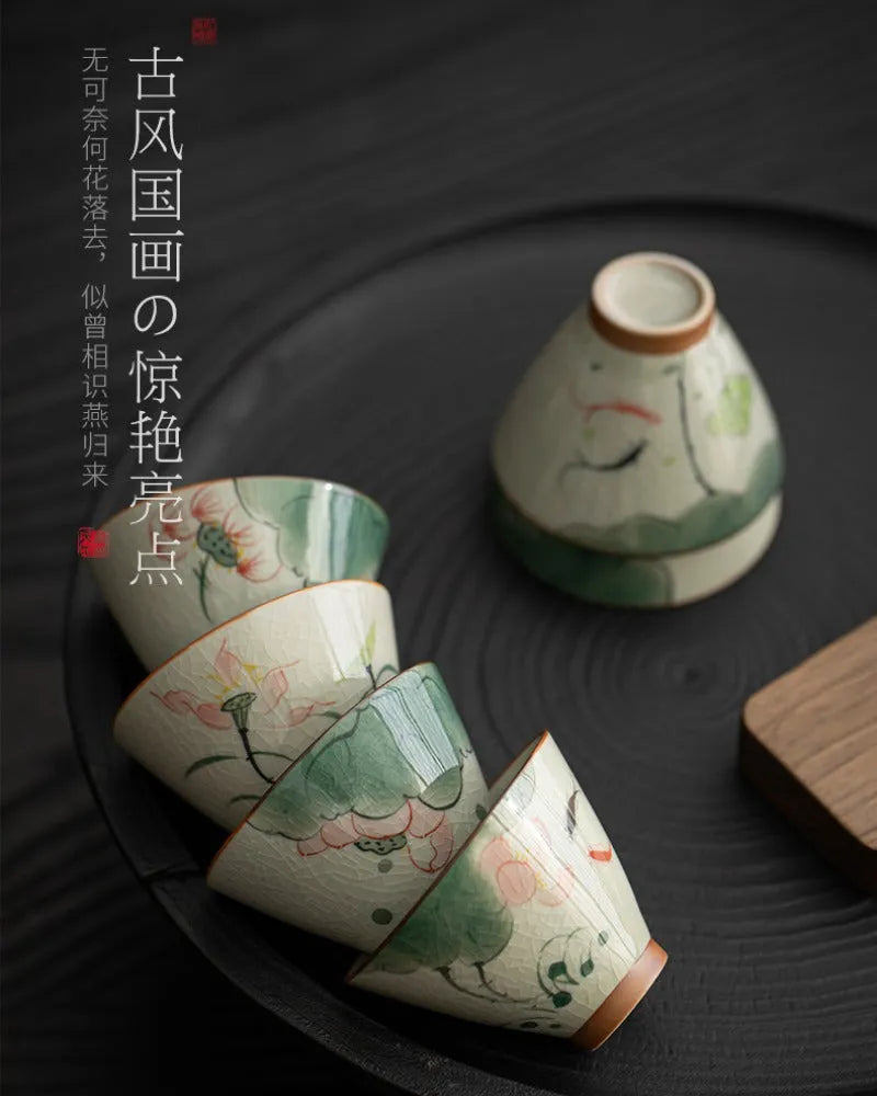 Ge Kiln Hand-painted Ice Crackle Ceramic [Lotus] Straw Hat Tea Cup Set - YIQIN TEA HOUSE | yiqinteahouse.com | lotus, tea cup, teaware