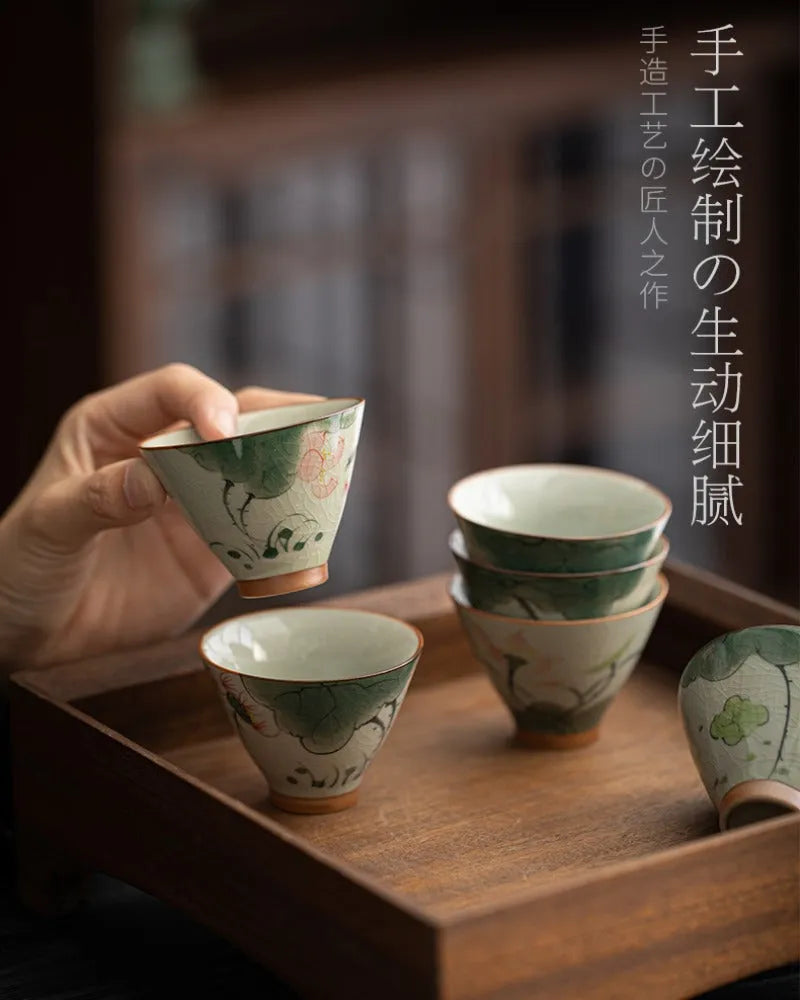 Ge Kiln Hand-painted Ice Crackle Ceramic [Lotus] Straw Hat Tea Cup Set - YIQIN TEA HOUSE | yiqinteahouse.com | lotus, tea cup, teaware