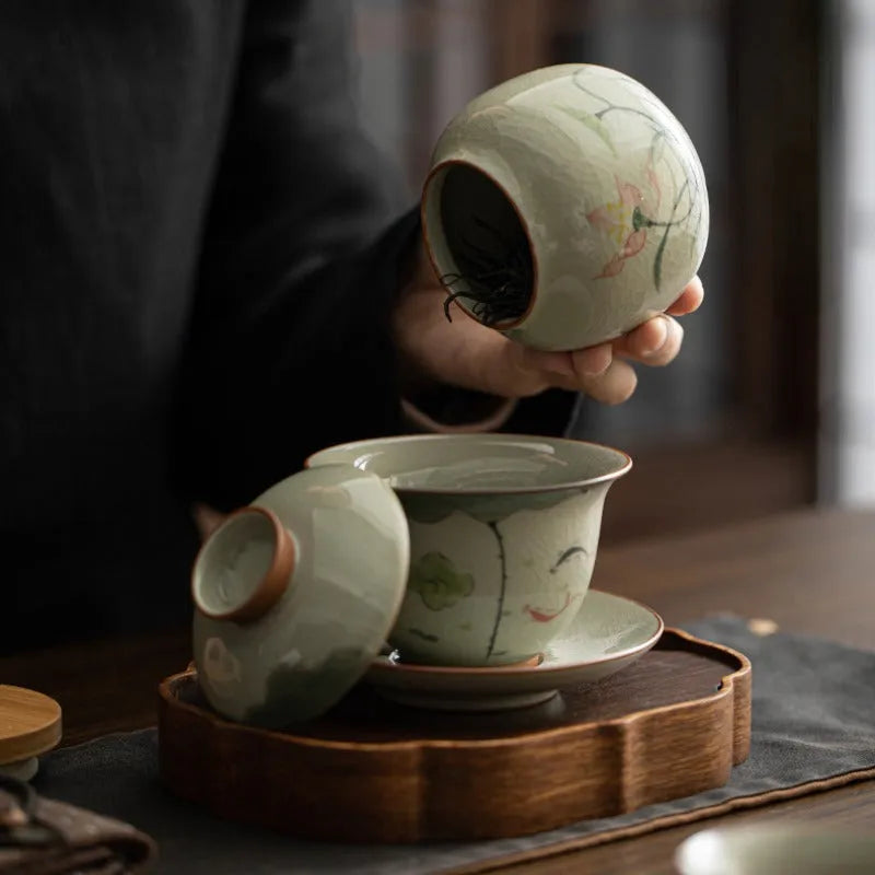 Ge Kiln Hand-painted Ice Crackle Ceramic Tea Set [Lotus] - YIQIN TEA HOUSE | yiqinteahouse.com | ceramic teapot, fair cup, lotus, tea cup, teapot, teaware, teaware set