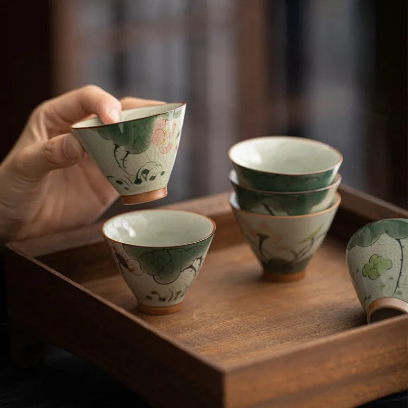 Ge Kiln Hand-painted Ice Crackle Ceramic Tea Set [Lotus] - YIQIN TEA HOUSE | yiqinteahouse.com | ceramic teapot, fair cup, lotus, tea cup, teapot, teaware, teaware set