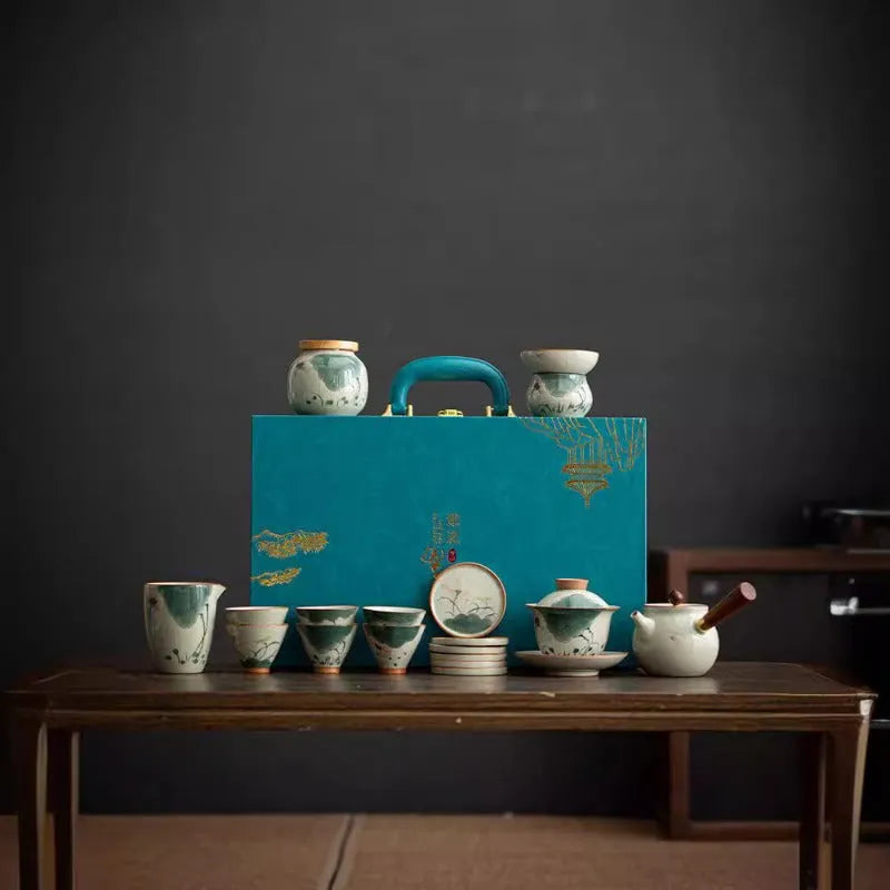 Ge Kiln Hand-painted Ice Crackle Ceramic Tea Set [Lotus] - YIQIN TEA HOUSE | yiqinteahouse.com | ceramic teapot, fair cup, lotus, tea cup, teapot, teaware, teaware set