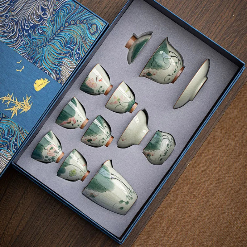 Ge Kiln Hand-painted Ice Crackle Ceramic Tea Set [Lotus] - YIQIN TEA HOUSE | yiqinteahouse.com | ceramic teapot, fair cup, lotus, tea cup, teapot, teaware, teaware set