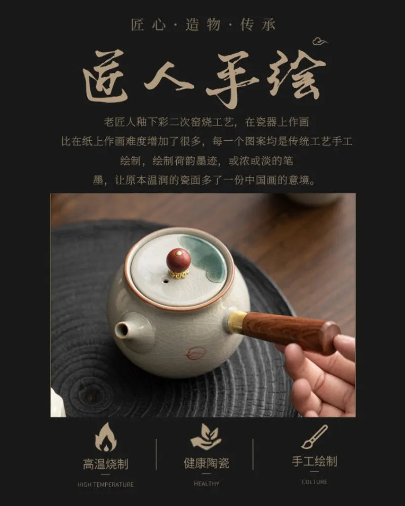 Ge Kiln Hand-painted Ice Crackle Ceramic Tea Set [Lotus] - YIQIN TEA HOUSE | yiqinteahouse.com | ceramic teapot, fair cup, lotus, tea cup, teapot, teaware, teaware set