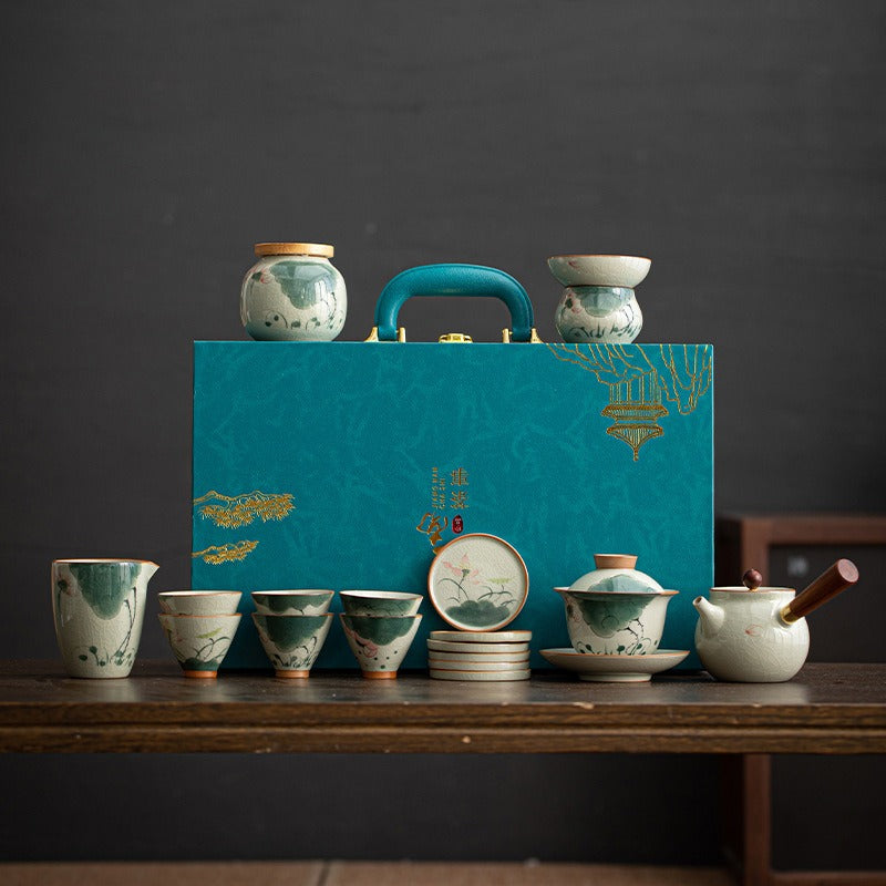 Ge Kiln Hand-painted Ice Crackle Ceramic Tea Set [Lotus] - YIQIN TEA HOUSE | yiqinteahouse.com | ceramic teapot, fair cup, lotus, tea cup, teapot, teaware, teaware set