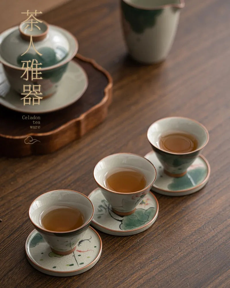 Ge Kiln Hand-painted Ice Crackle Ceramic Tea Set [Lotus] - YIQIN TEA HOUSE | yiqinteahouse.com | ceramic teapot, fair cup, lotus, tea cup, teapot, teaware, teaware set