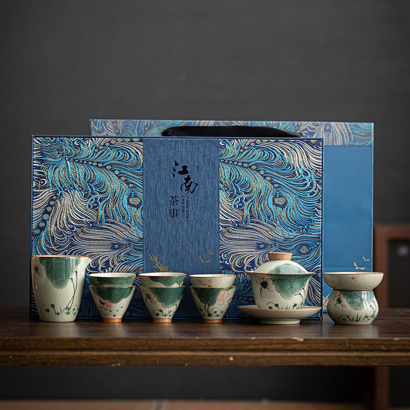 Ge Kiln Hand-painted Ice Crackle Ceramic Tea Set [Lotus] - YIQIN TEA HOUSE | yiqinteahouse.com | ceramic teapot, fair cup, lotus, tea cup, teapot, teaware, teaware set