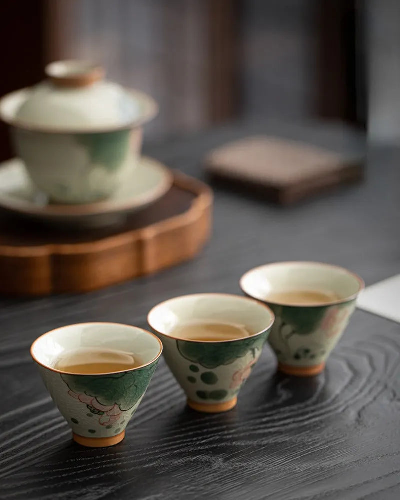 Ge Kiln Hand-painted Ice Crackle Ceramic Tea Set [Lotus] - YIQIN TEA HOUSE | yiqinteahouse.com | ceramic teapot, fair cup, lotus, tea cup, teapot, teaware, teaware set