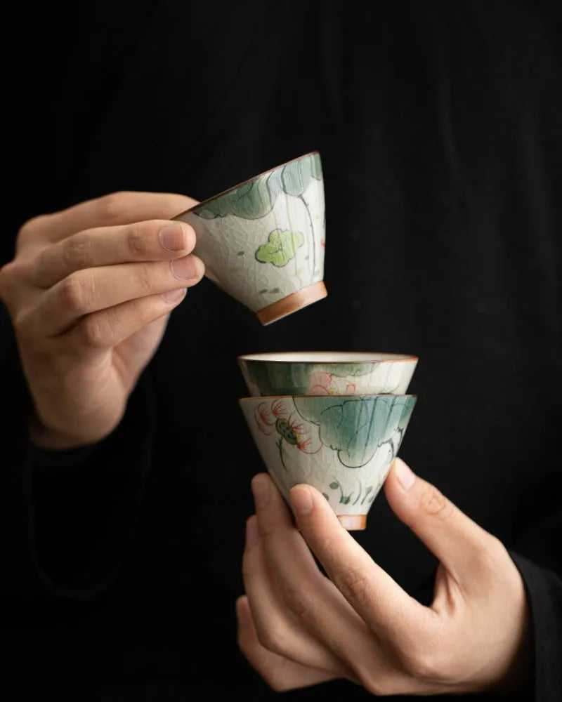 Ge Kiln Hand-painted Ice Crackle Ceramic Tea Set [Lotus] - YIQIN TEA HOUSE | yiqinteahouse.com | ceramic teapot, fair cup, lotus, tea cup, teapot, teaware, teaware set