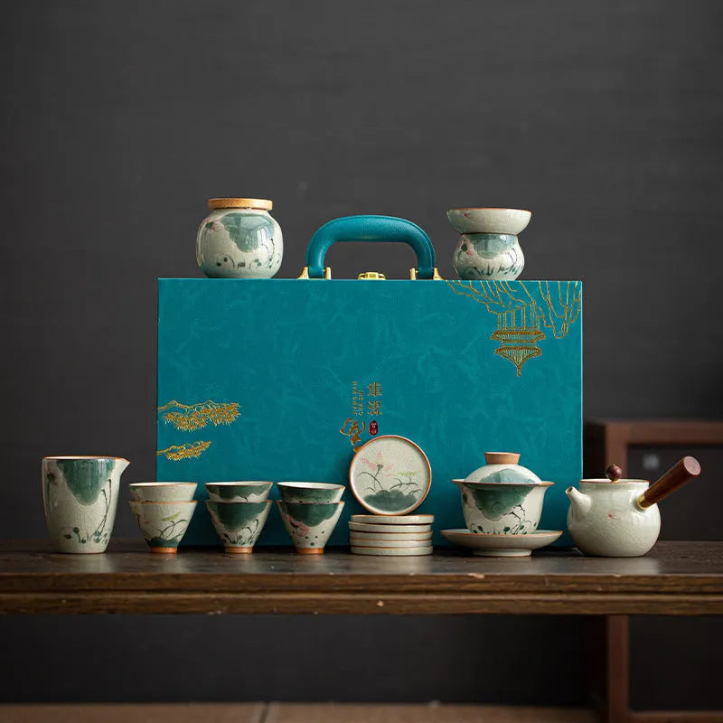 Ge Kiln Hand-painted Ice Crackle Ceramic Tea Set [Lotus] - YIQIN TEA HOUSE | yiqinteahouse.com | ceramic teapot, fair cup, lotus, tea cup, teapot, teaware, teaware set