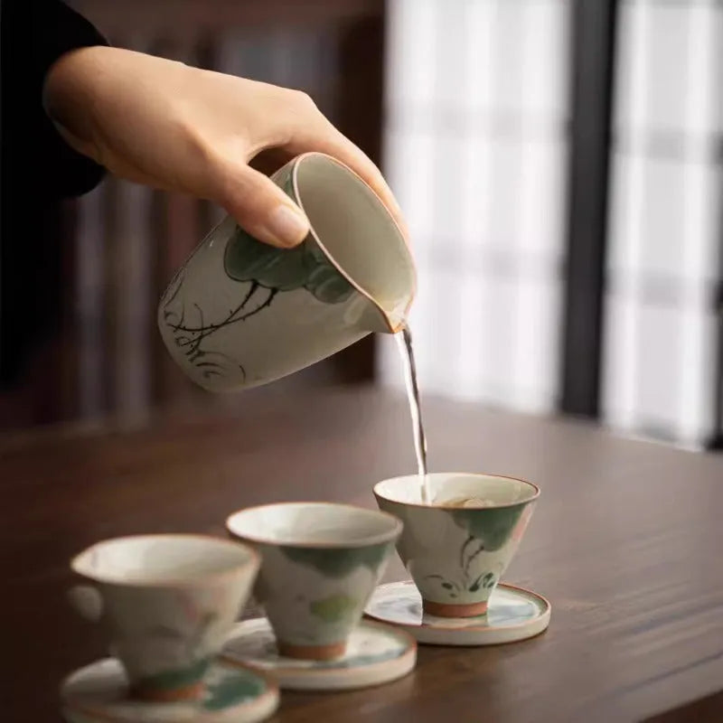 Ge Kiln Hand-painted Ice Crackle Ceramic Tea Set [Lotus] - YIQIN TEA HOUSE | yiqinteahouse.com | ceramic teapot, fair cup, lotus, tea cup, teapot, teaware, teaware set