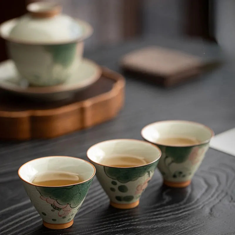 Ge Kiln Hand-painted Ice Crackle Ceramic Tea Set [Lotus] - YIQIN TEA HOUSE | yiqinteahouse.com | ceramic teapot, fair cup, lotus, tea cup, teapot, teaware, teaware set