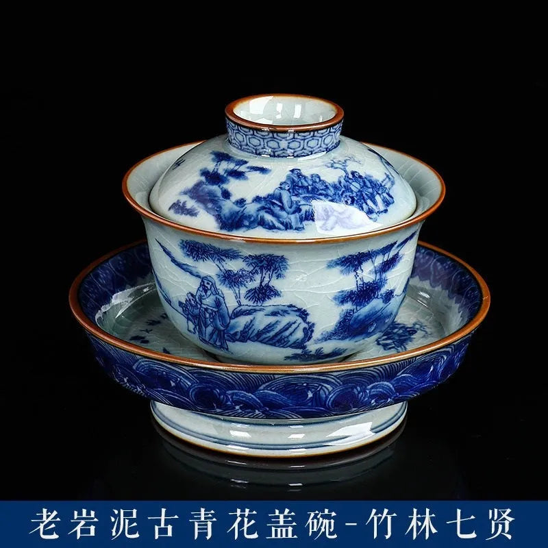 Handmade Aged Ceramic Clay [Qinghua] Sancai Gaiwan 210ml - YIQIN TEA HOUSE | yiqinteahouse.com | gaiwan, teaware