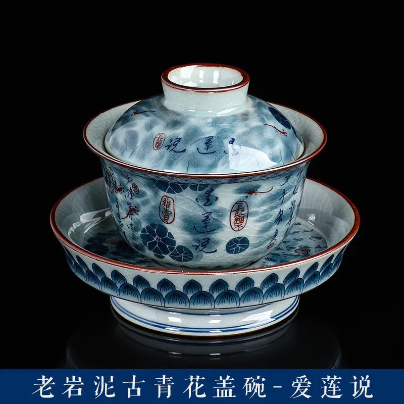 Handmade Aged Ceramic Clay [Qinghua] Sancai Gaiwan 210ml - YIQIN TEA HOUSE | yiqinteahouse.com | gaiwan, teaware