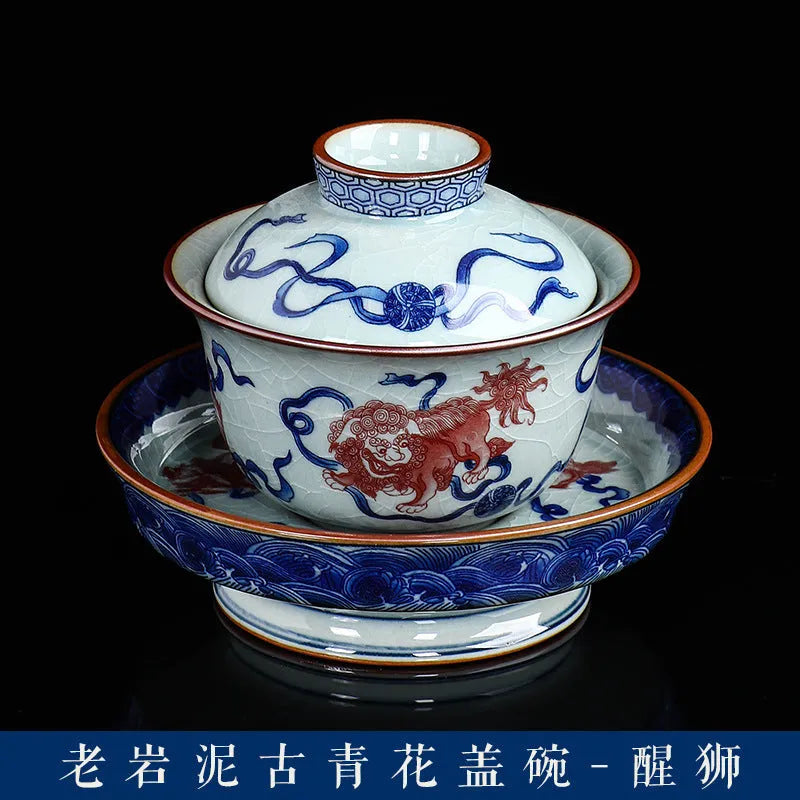 Handmade Aged Ceramic Clay [Qinghua] Sancai Gaiwan 210ml - YIQIN TEA HOUSE | yiqinteahouse.com | gaiwan, teaware