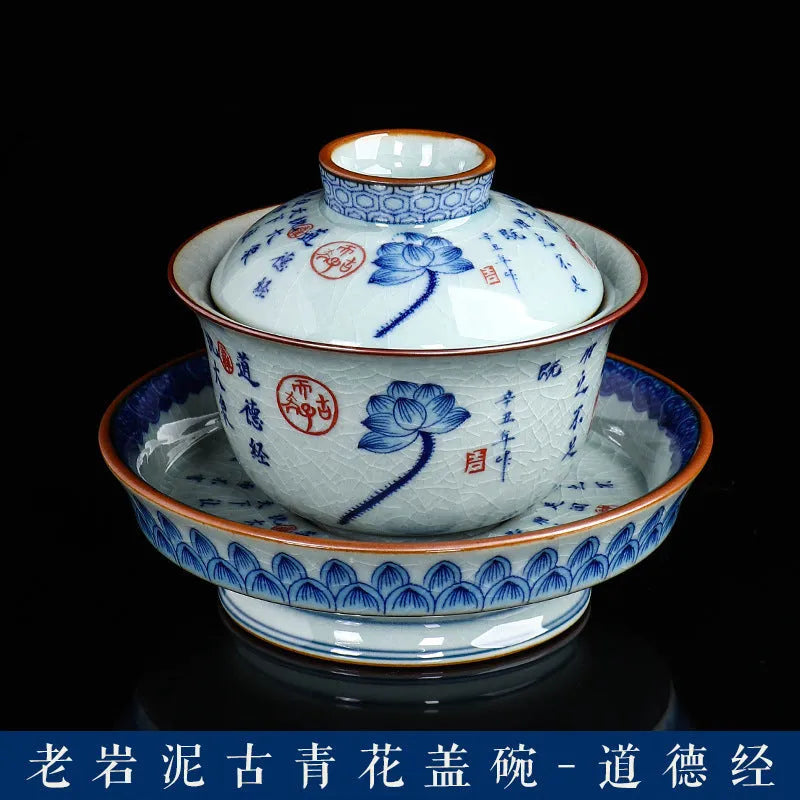 Handmade Aged Ceramic Clay [Qinghua] Sancai Gaiwan 210ml - YIQIN TEA HOUSE | yiqinteahouse.com | gaiwan, teaware